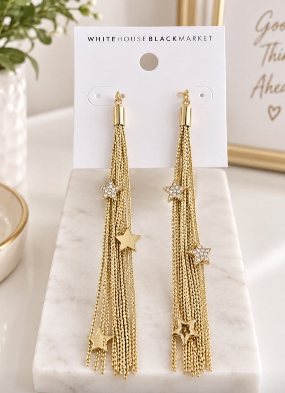 White House Black Market Gold Fringe Star Earrings New